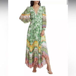 NWT Alice + Olivia Sion Sunburst Long Sleeve Pleated Maxi Dress Size 6